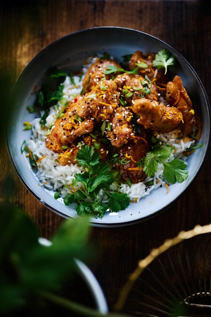 chicken, asian cuisine, food, dish, meal, cuisine, delicious, tasty, plate, kitchen, asian, coriander, rice, sesame
