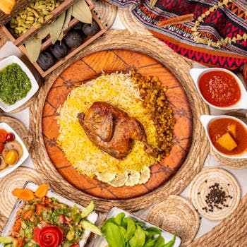 A flavorful Middle Eastern meal featuring roasted chicken on rice with assorted sides and sauces.